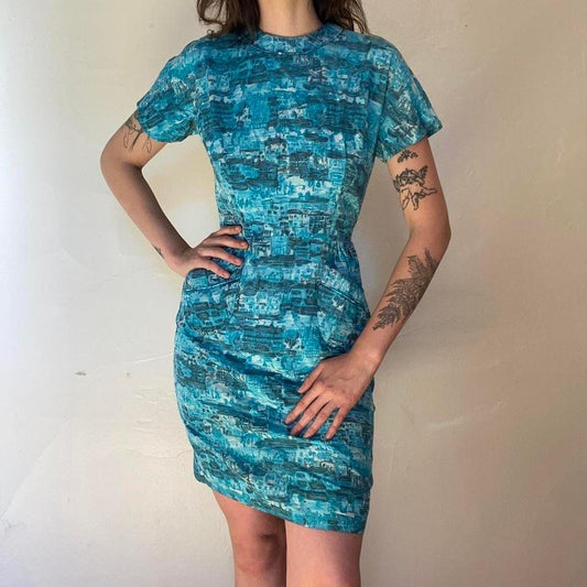 60s silk teal and turquoise city/buildings scene novelty print