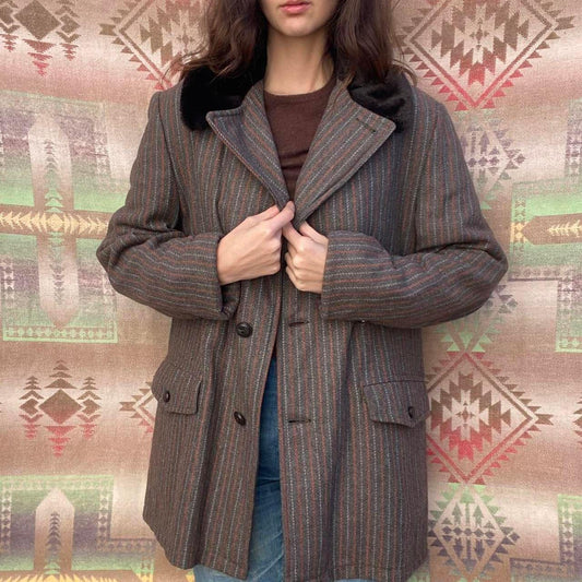 1970s wool mens striped peacoat with faux fur collar