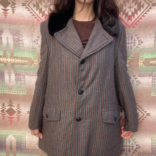 1970s wool mens striped peacoat with faux fur collar