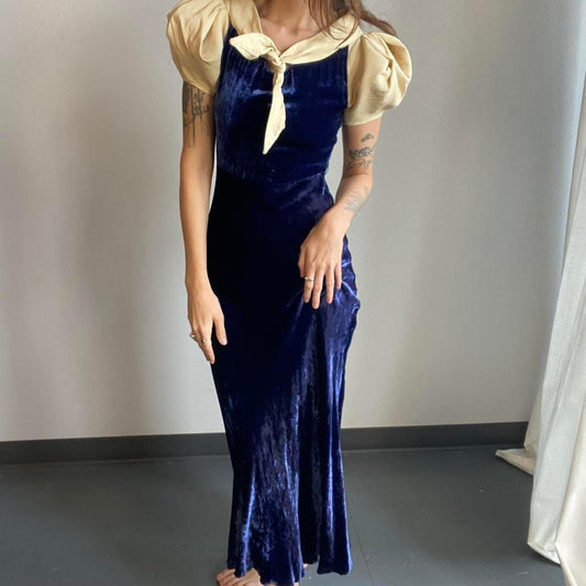 1930s antique midnight blue silk velvet bias cut dress with dramatic puff sleeve