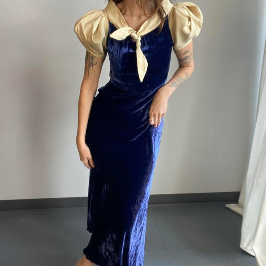 1930s antique midnight blue silk velvet bias cut dress with dramatic puff sleeve